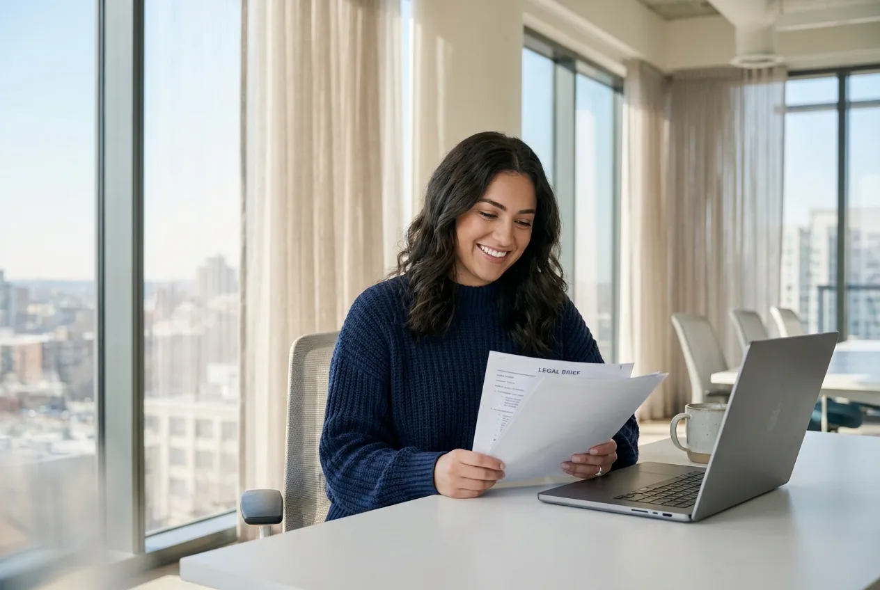 Woman reviewing legal document on laptop - easy online NDA generation with PaperPandaDocs