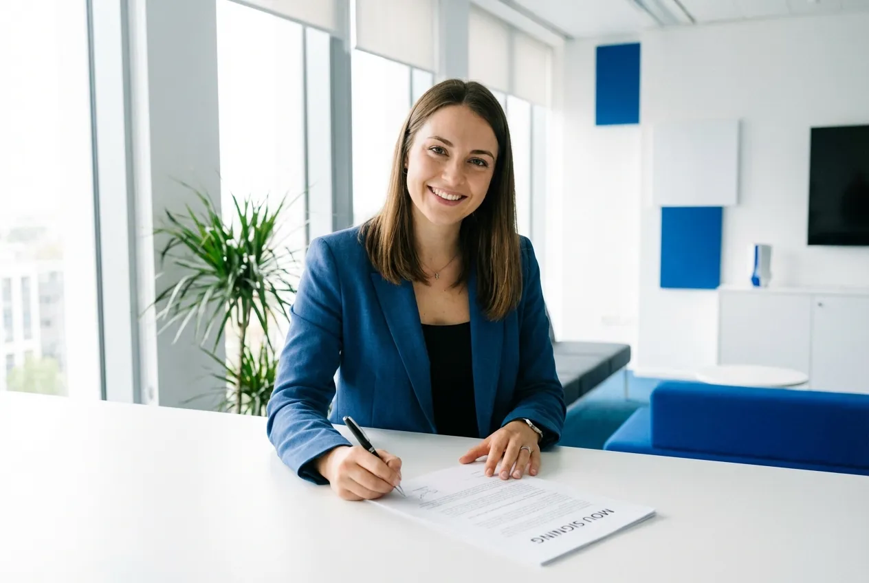 Professional woman signing NDA document - create legally binding agreements online at PaperPandaDocs